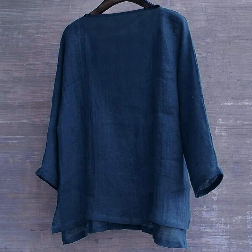Unisex Summer Baggy Cotton Linen Henley Shirts Casual Loose Beach Yoga Tops Blouse Plus Size M-3XL