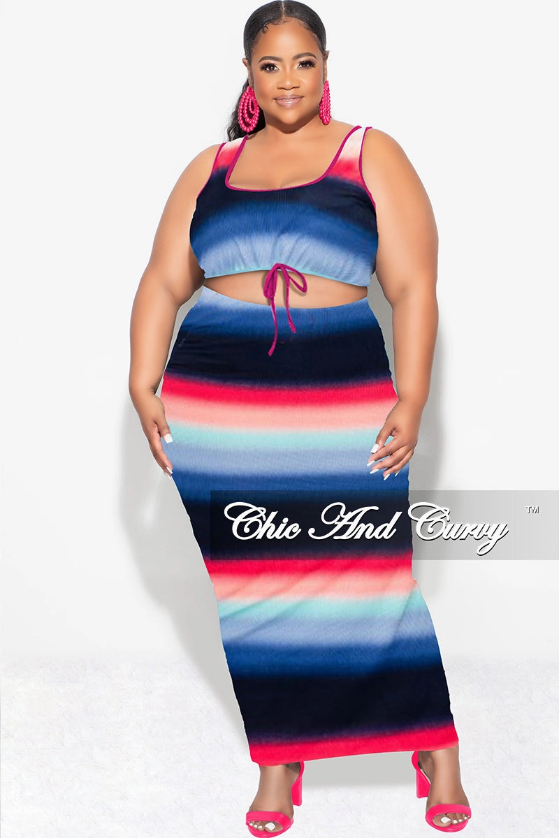 Final Sale Plus Size Ribbed 2pc Crop Drawstring Top and Pencil Skirt in Navy, Fuchsia , & Blue Quick Movement Wear Chic casual