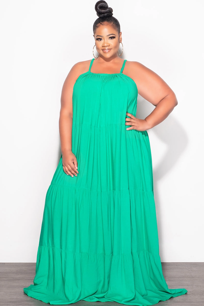 Active Look Casual Stretch Wear Final Sale Plus Size Long Halter Dress with Back Tie in Green