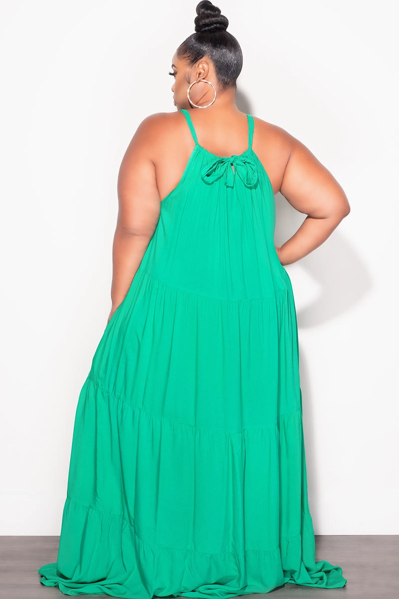 Final Sale Plus Size Long Halter Dress with Back Tie in Green Stretchable Waist SnagFreeFabric