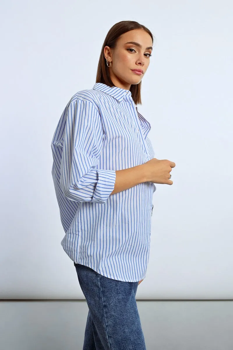 Urban Striped Button Down Top Trendy Cardigan Silicone Print Detail