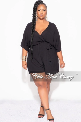 Final Sale Plus Size Faux Wrap Romper with Tie in Black Durable Activewear Pocket Reinforcement