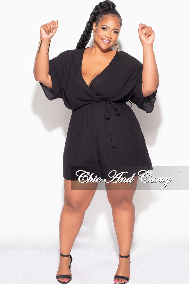 Final Sale Plus Size Faux Wrap Romper with Tie in Black Comfort Style
