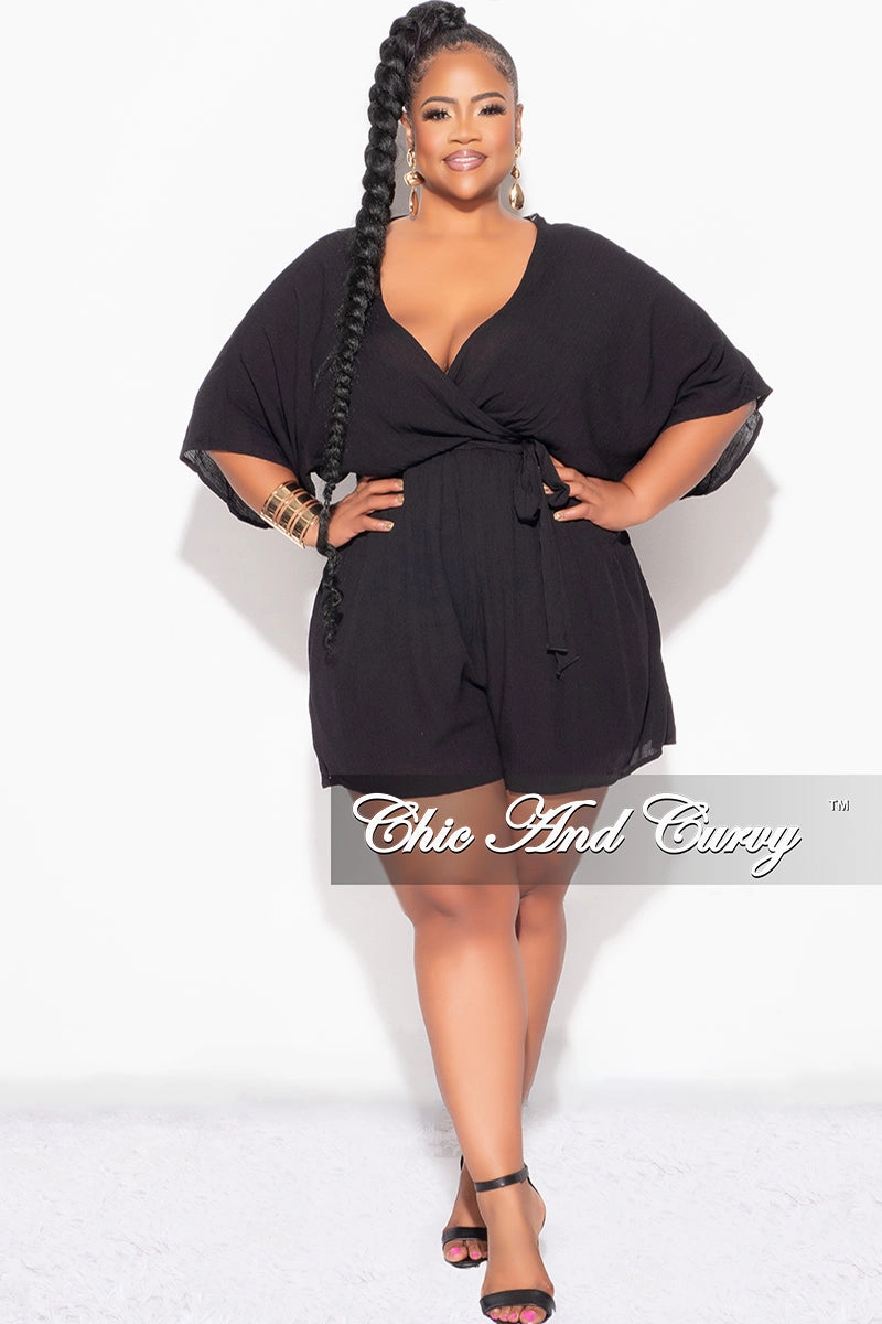 Minimal Waistband Flexible Use Final Sale Plus Size Faux Wrap Romper with Tie in Black