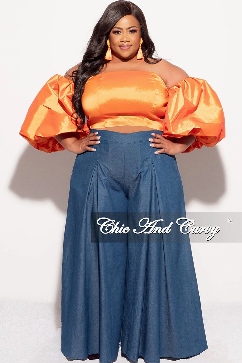 Final Sale Plus Size Off the Shoulder Puffy Sleeve Crop Top in Orange Slim Look Essential Layer