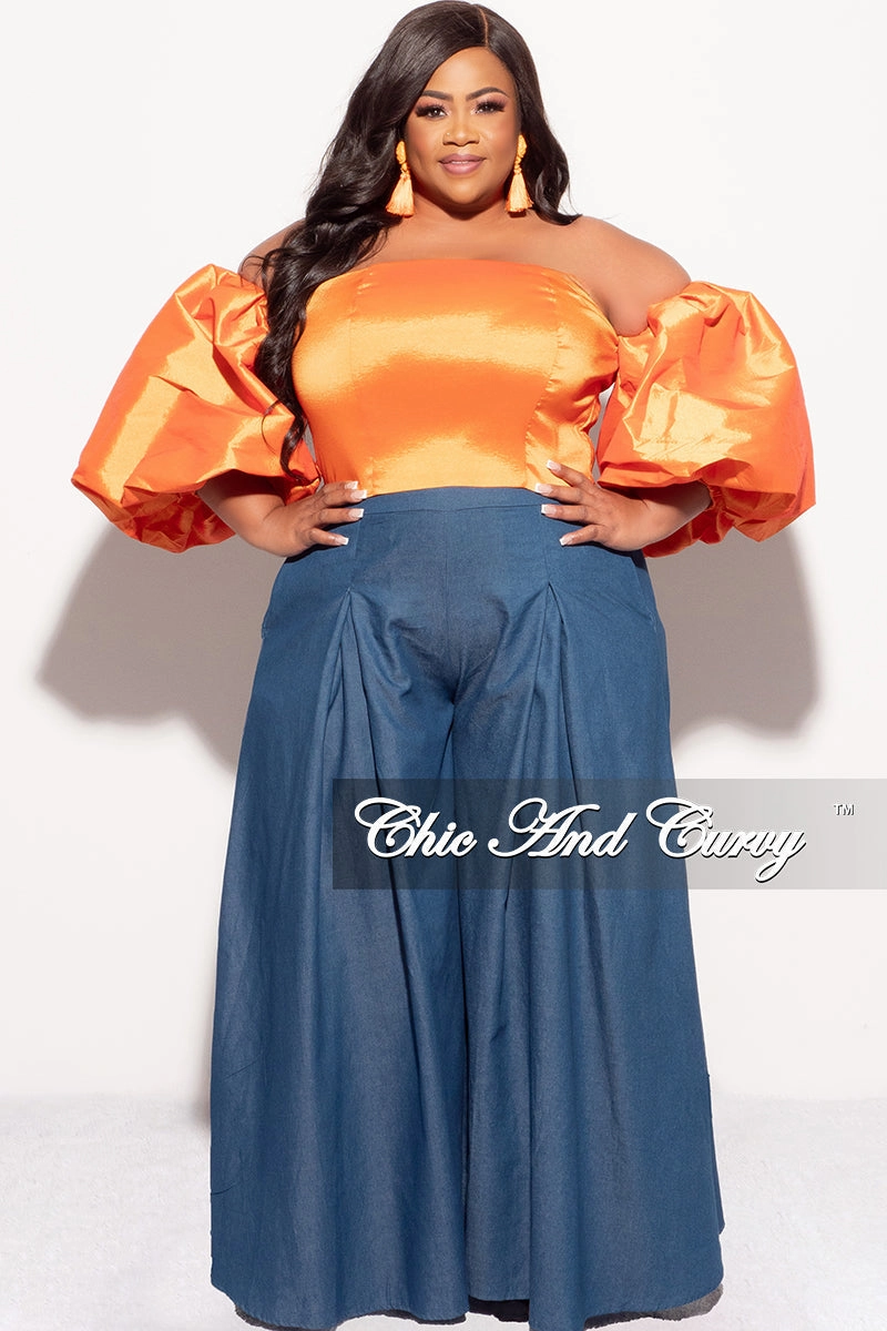 Final Sale Plus Size Off the Shoulder Puffy Sleeve Crop Top in Orange OrganicCotton Temperature Regulating