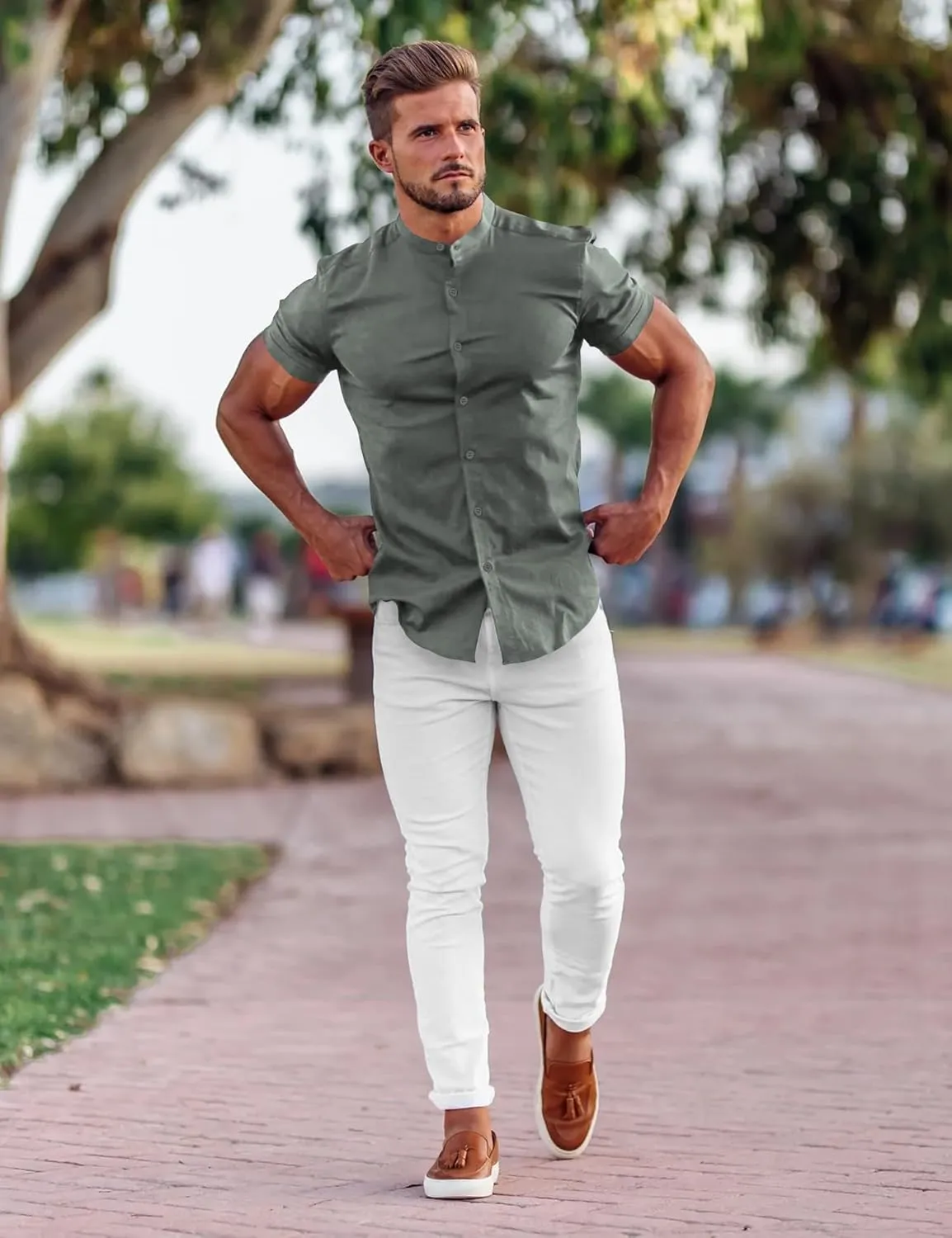URRU Men's Muscle Dress Shirts Slim Fit Stretch Banded Collar Long&Short Sleeve Casual Button Down Shirt
