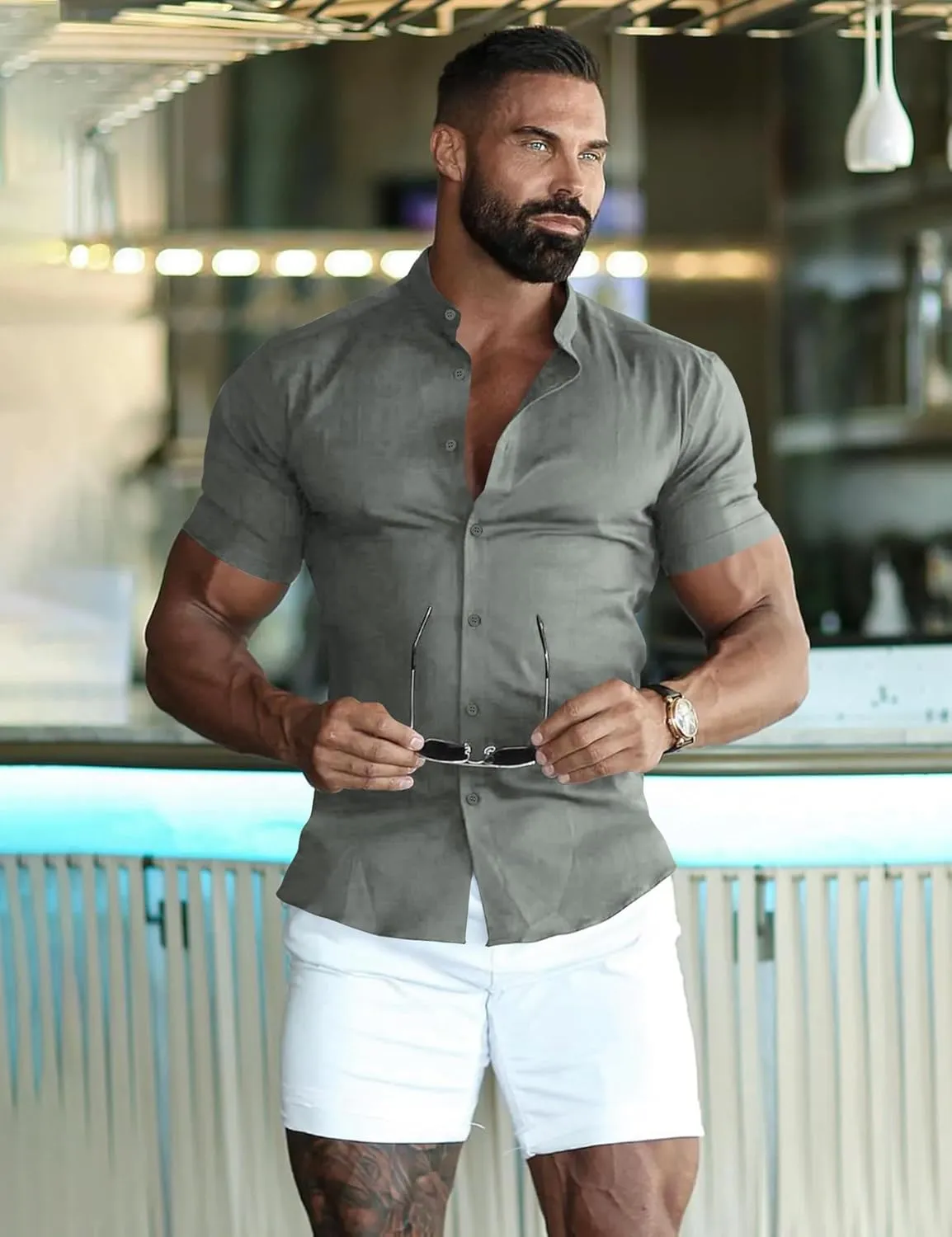 URRU Men's Muscle Dress Shirts Slim Fit Stretch Banded Collar Long&Short Sleeve Casual Button Down Shirt