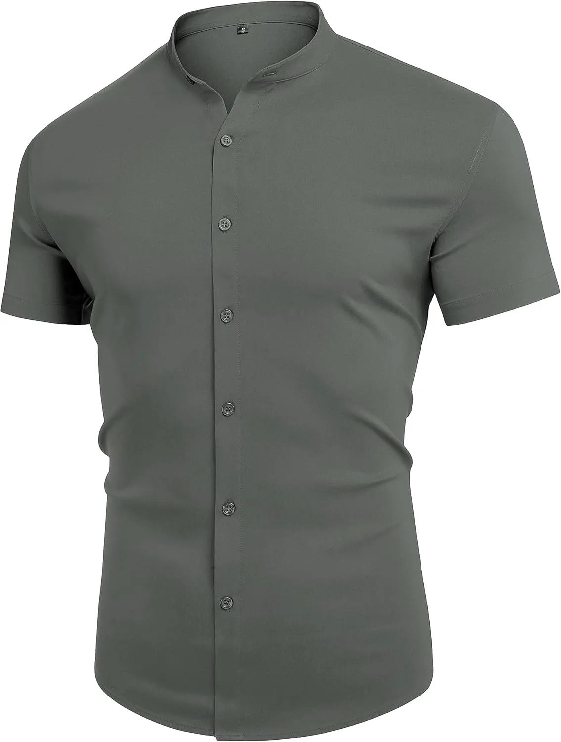 URRU Men's Muscle Dress Shirts Slim Fit Stretch Banded Collar Long&Short Sleeve Casual Button Down Shirt