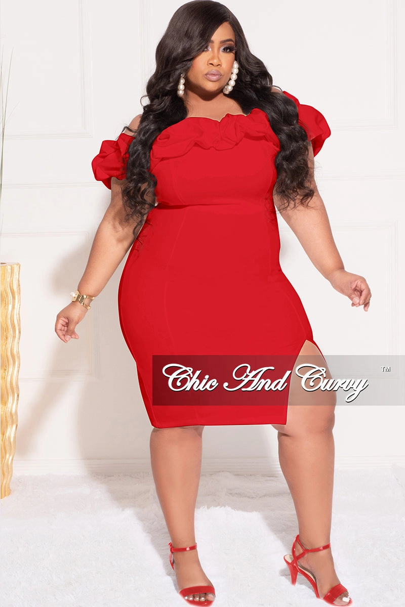 Final Sale Plus Size Off the Shoulder Ruffle BodyCon Dress with Side Slit in Red Minimalist Waist Quick Change
