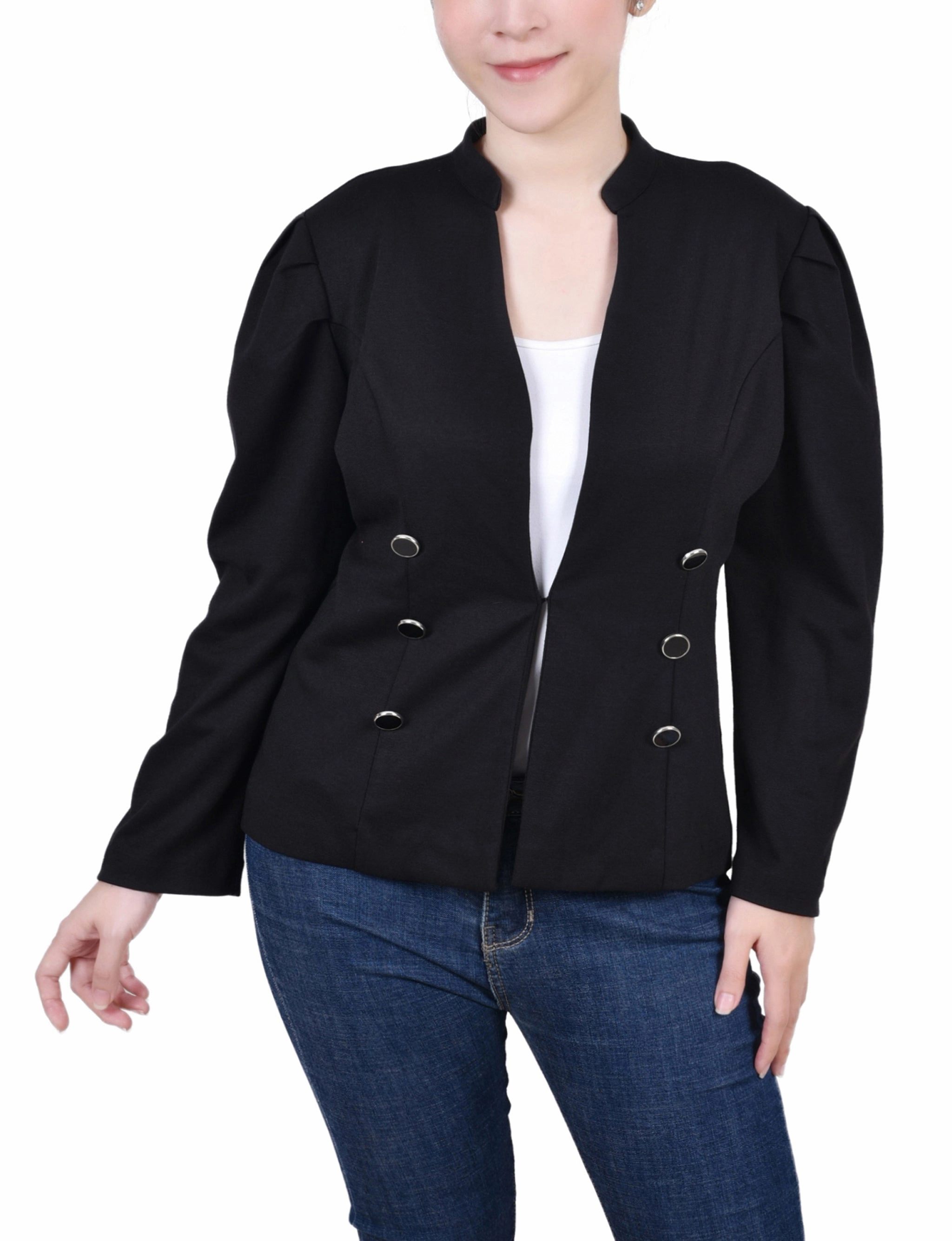 Long Puff-Sleeve Ponte Jacket ButtonlessClosure