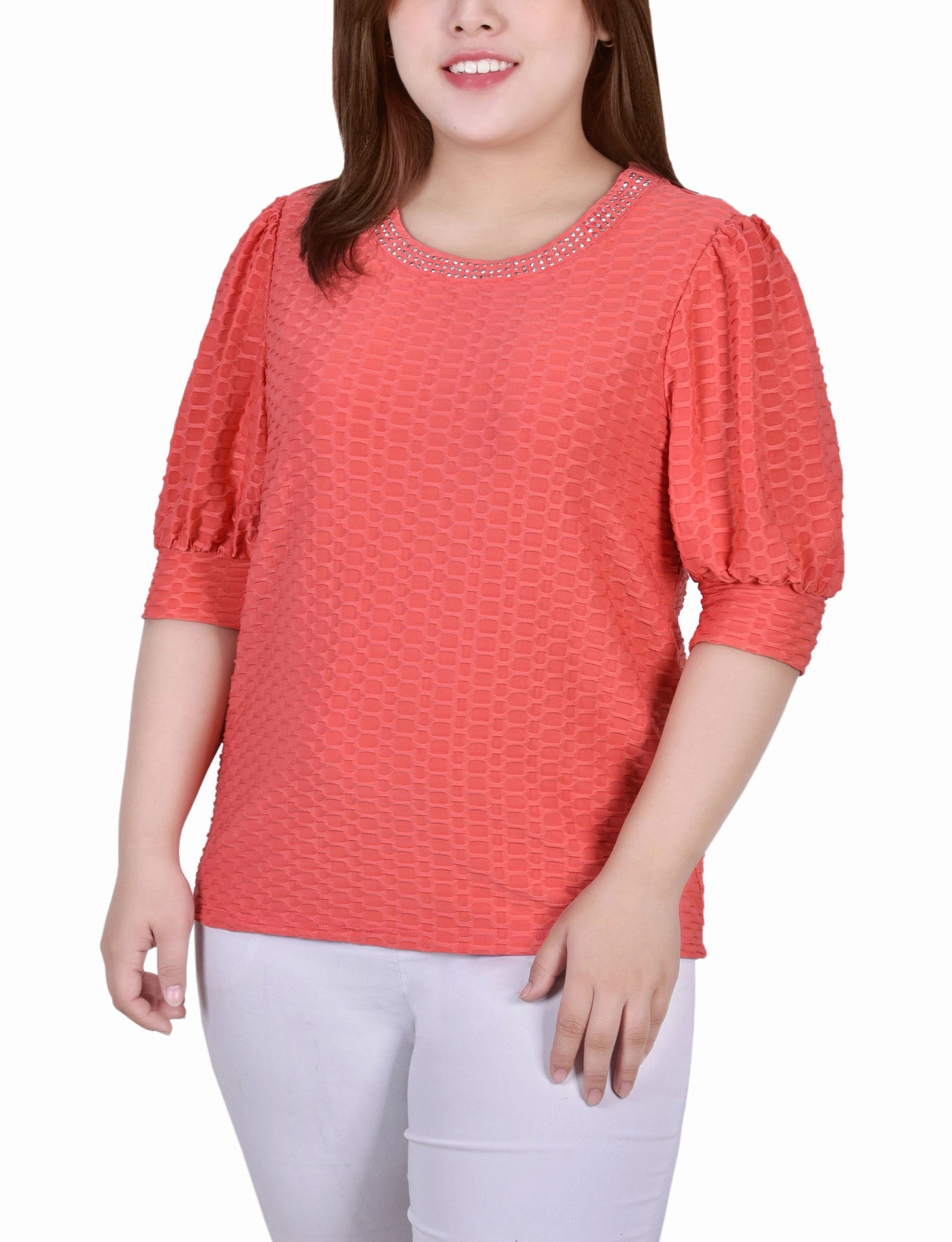 CompressionSupportWeave Stretch Weave Construction Plus Size Short Puff Sleeve Honeycomb Top