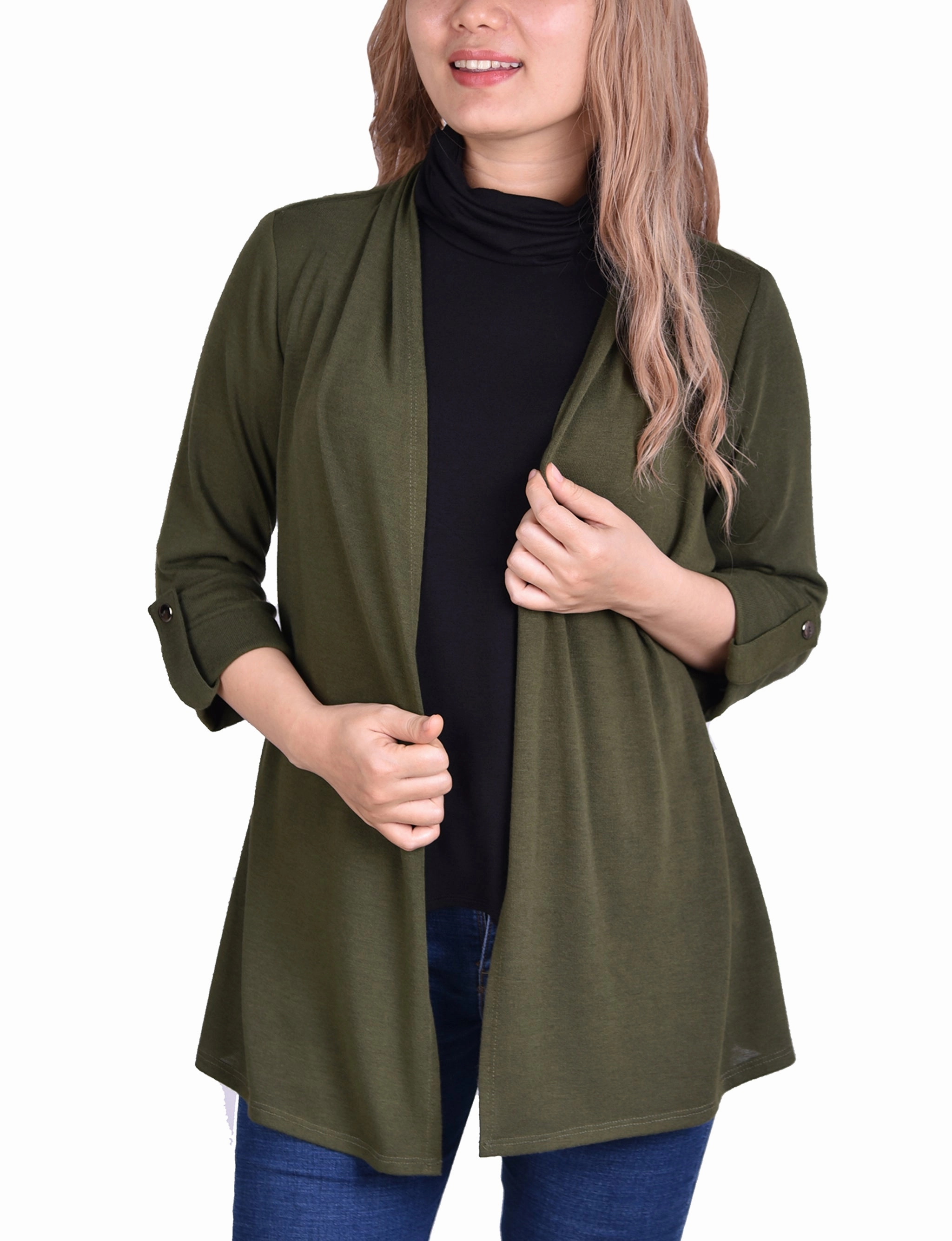 NonScratchSurface 3/4 Sleeve Cardigan With Mask-Cowl Neck Inset