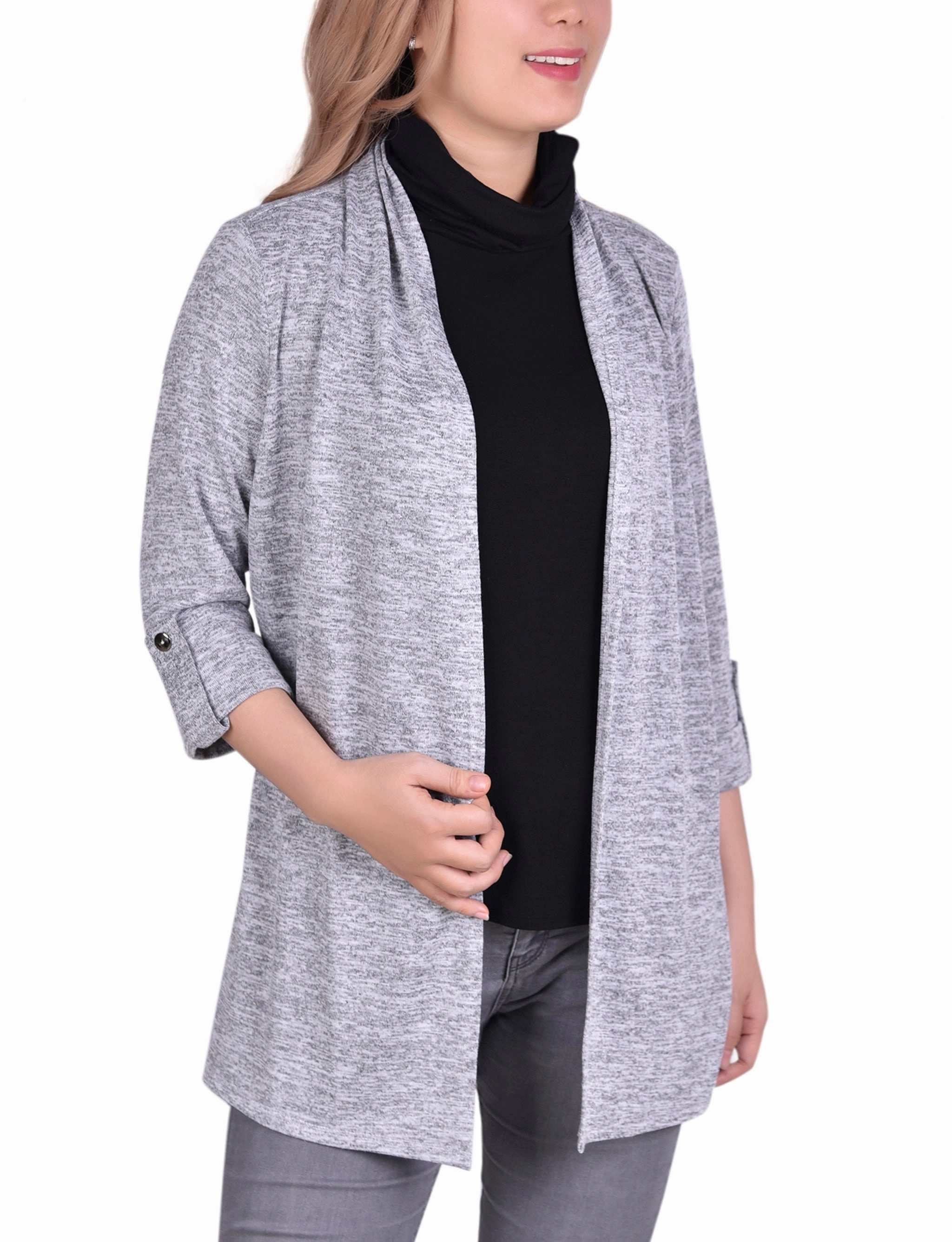 Noise Reducing Fabric Treatment 3/4 Sleeve Cardigan With Mask-Cowl Neck Inset