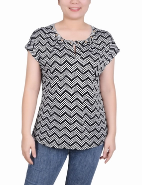 High Neck Design Multi Directional Zipper Placement Extended Sleeve Top With Grommets