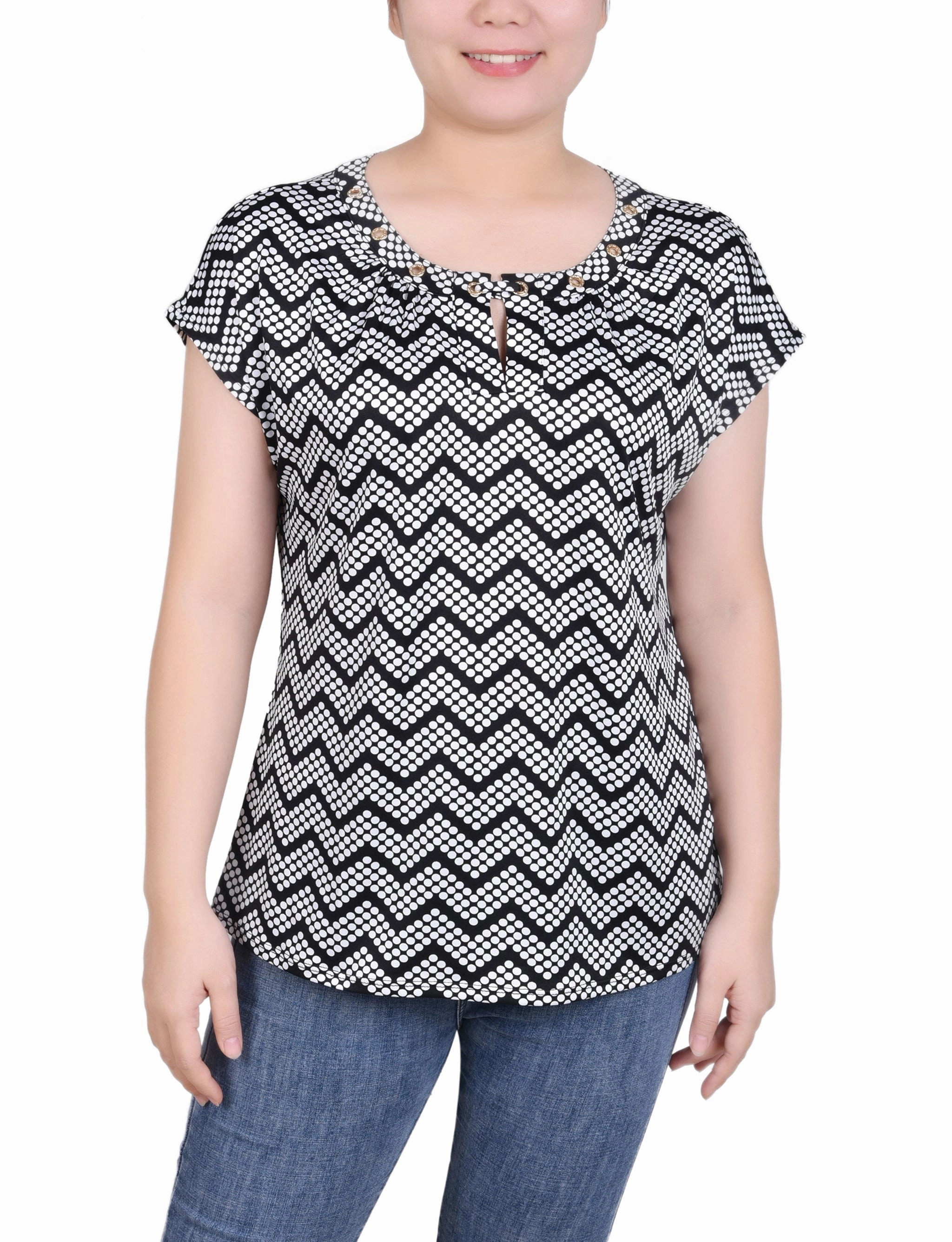 High Neck Design Multi Directional Zipper Placement Extended Sleeve Top With Grommets