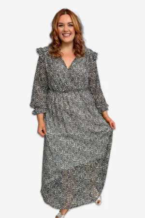V-Neck Beige and Black Animal Print Plus Size Dress