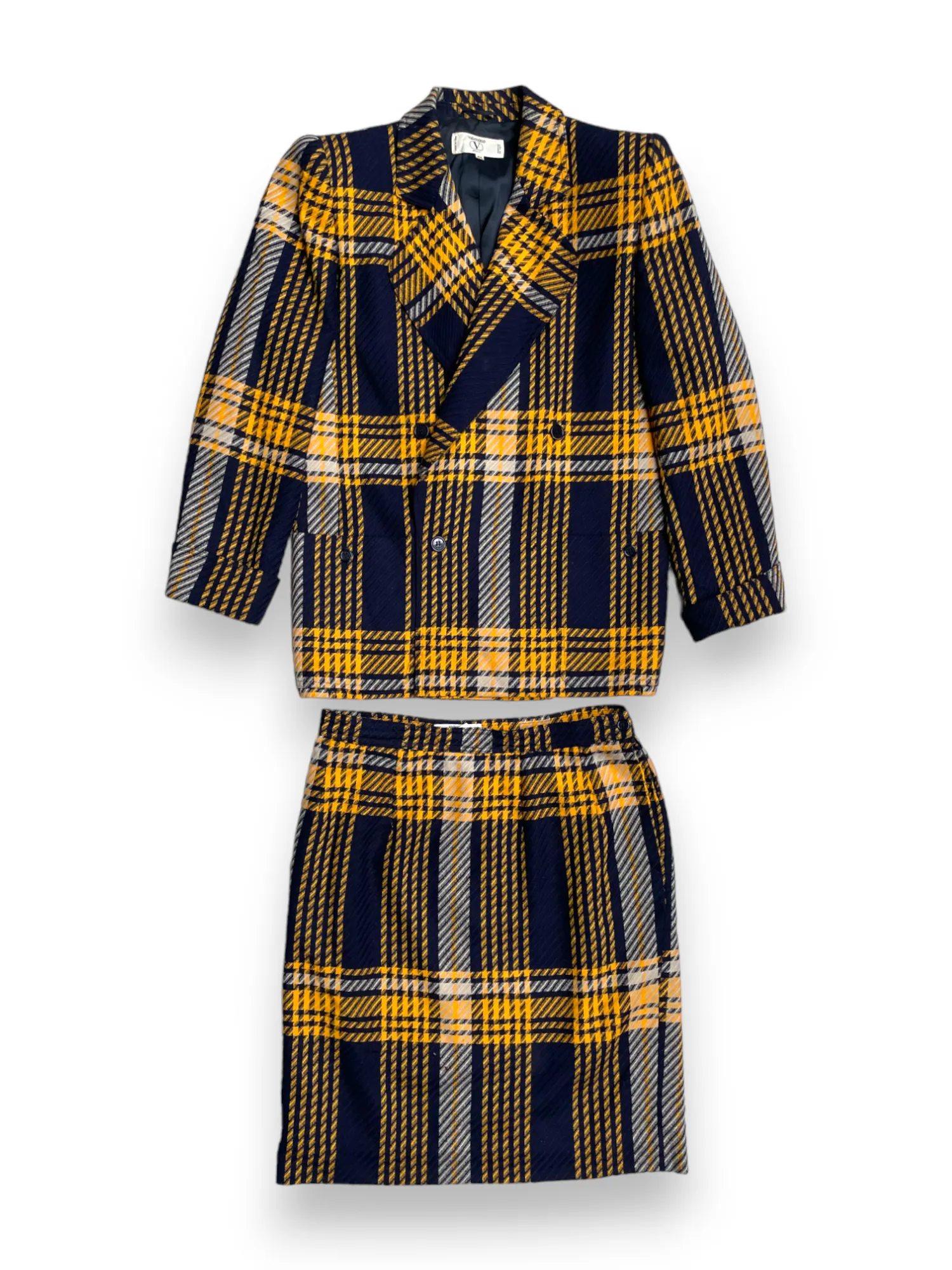 Valentino yellow and navy tartan check skirt suit set