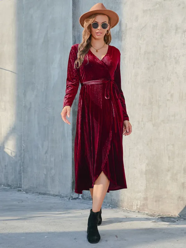 Velvet Wrap Midi Dress with Long Sleeve for Special Occasions