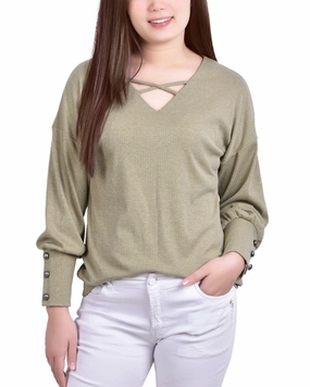 Petite Long Sleeve Criss Cross Neck Pullover Top UPFProtection Smooth Interior Lining