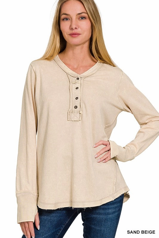 Emilee Washed Thumb Hole Cuffs Long Sleeve Top RibbedTexture