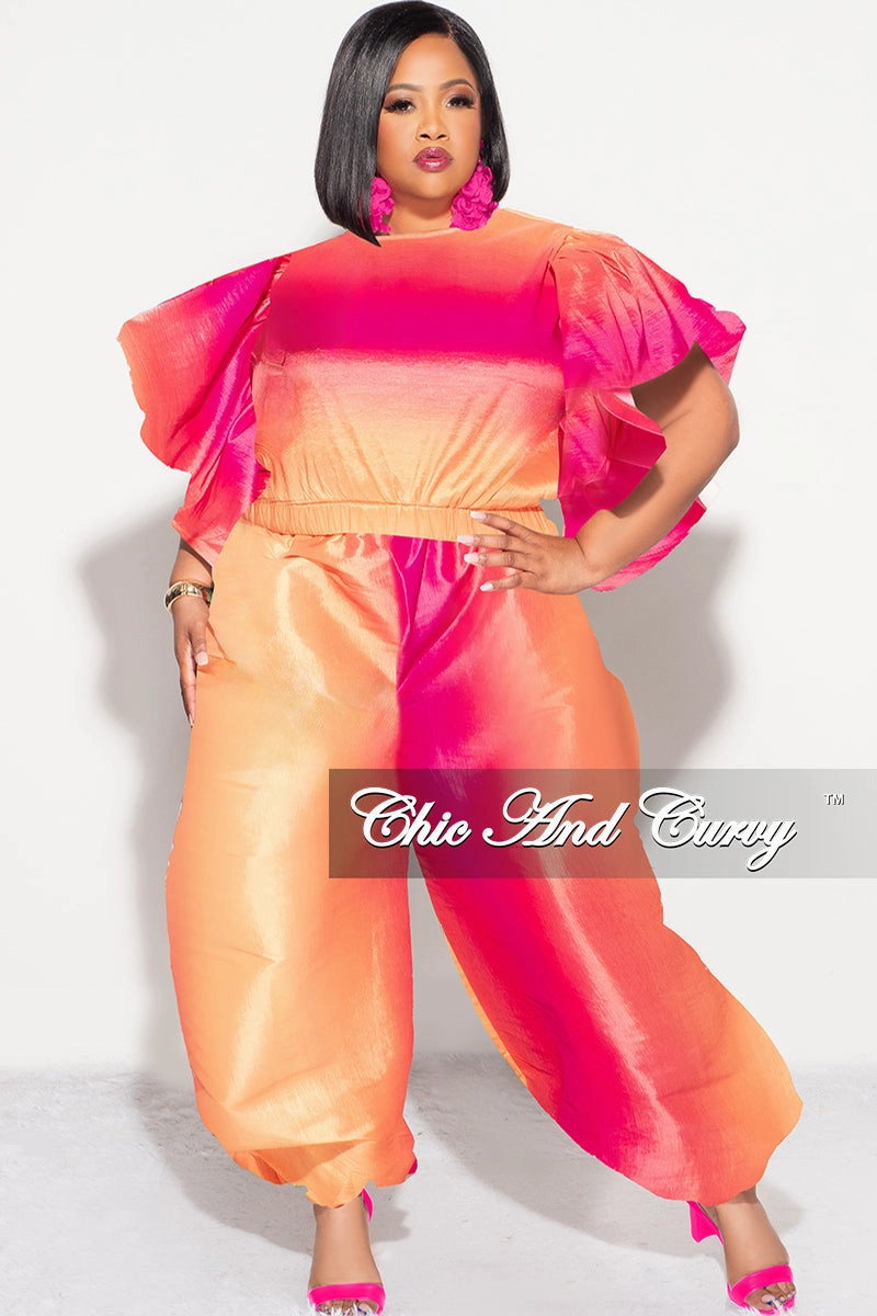 Final Sale Plus 2pc Ruffle Top and Balloon Pants Set in Fuchsia Ombre Color Print Fashion Forward