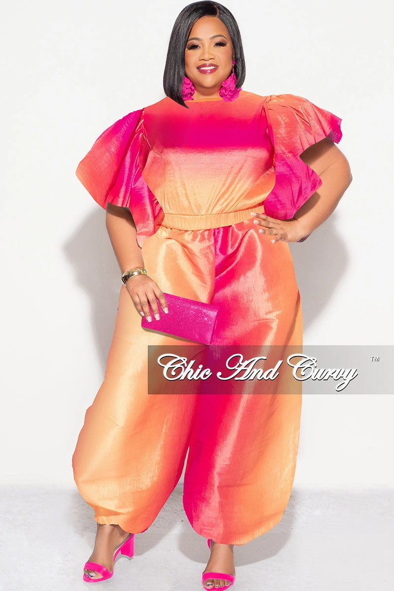 TaglessComfort Final Sale Plus 2pc Ruffle Top and Balloon Pants Set in Fuchsia Ombre Color Print