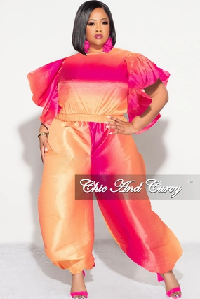 Final Sale Plus 2pc Ruffle Top and Balloon Pants Set in Fuchsia Ombre Color Print Fashion Forward