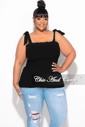 Final Sale Plus Size Smocked Peplum Tank Top in Black Non Binding Cuffs