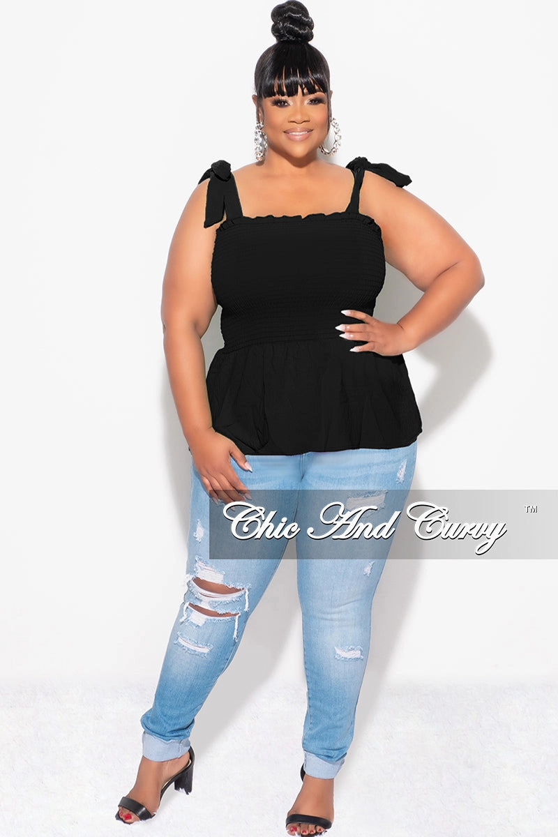 Soft Texture Final Sale Plus Size Smocked Peplum Tank Top in Black