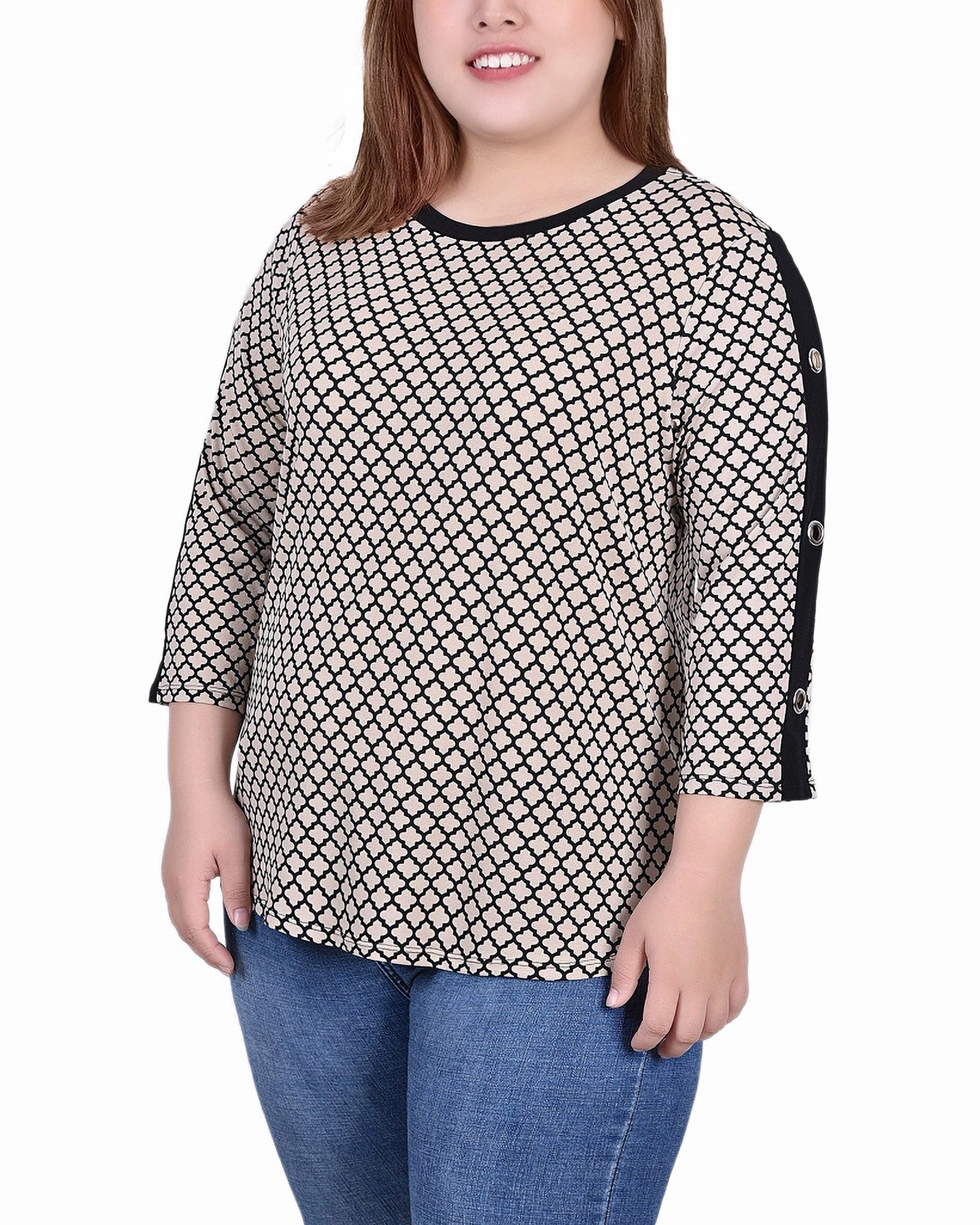 Plus Size 3/4 Sleeve Top With Combo Bands and Grommets QuickDry Technology