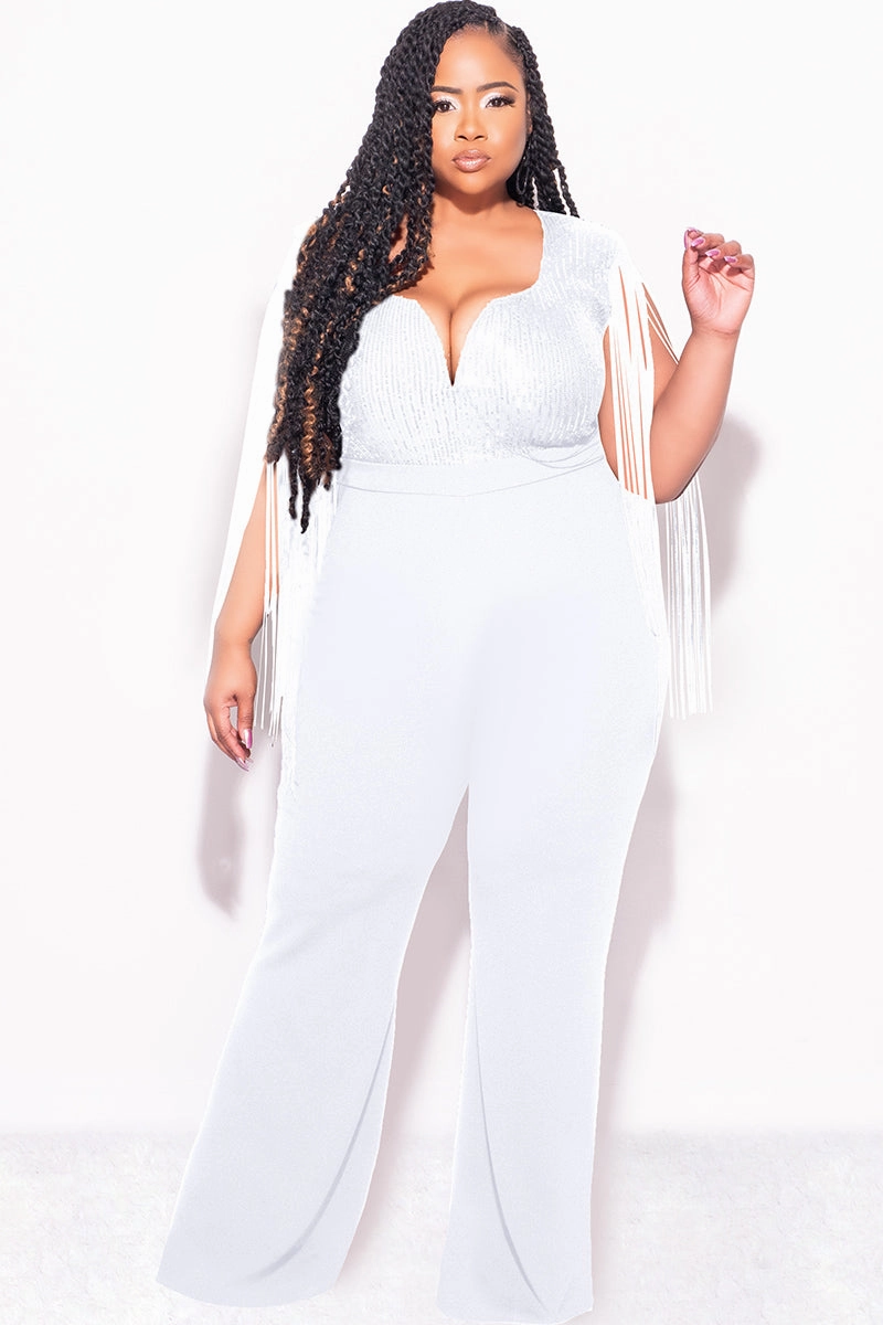 No Fuss Fit Final Sale Plus Size Fringe Shoulder Faux Wrap Sequin Jumpsuit Ivory