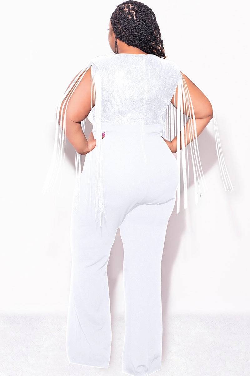 Move Friendly Final Sale Plus Size Fringe Shoulder Faux Wrap Sequin Jumpsuit Ivory