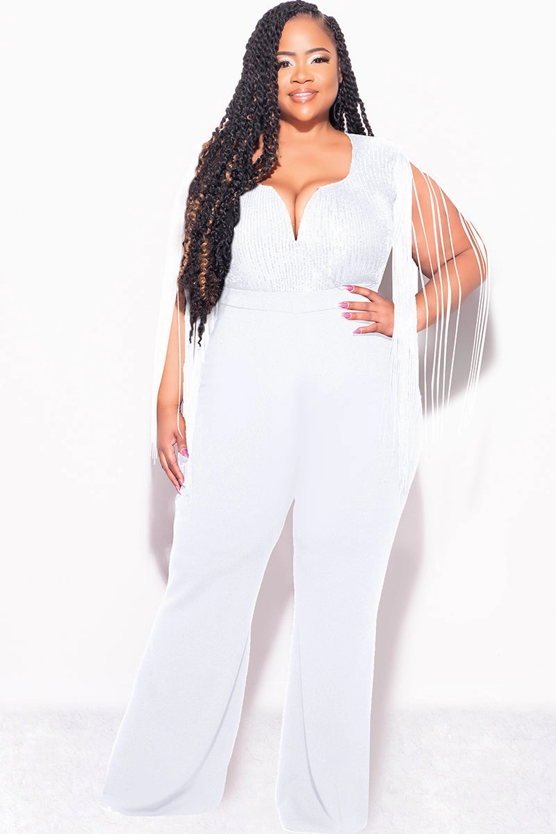 Final Sale Plus Size Fringe Shoulder Faux Wrap Sequin Jumpsuit Ivory Soft Interior Comfort for All