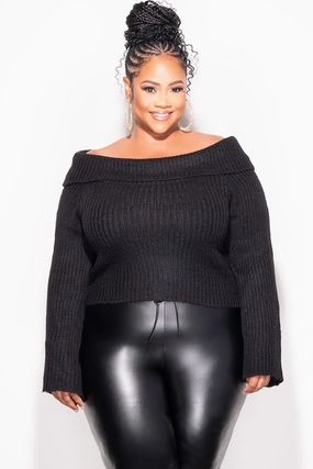 Final Sale Plus Size Off Shoulder Cropped Knit Sweater with Bell Sleeves in Black Lightweight Layer Light Fabric