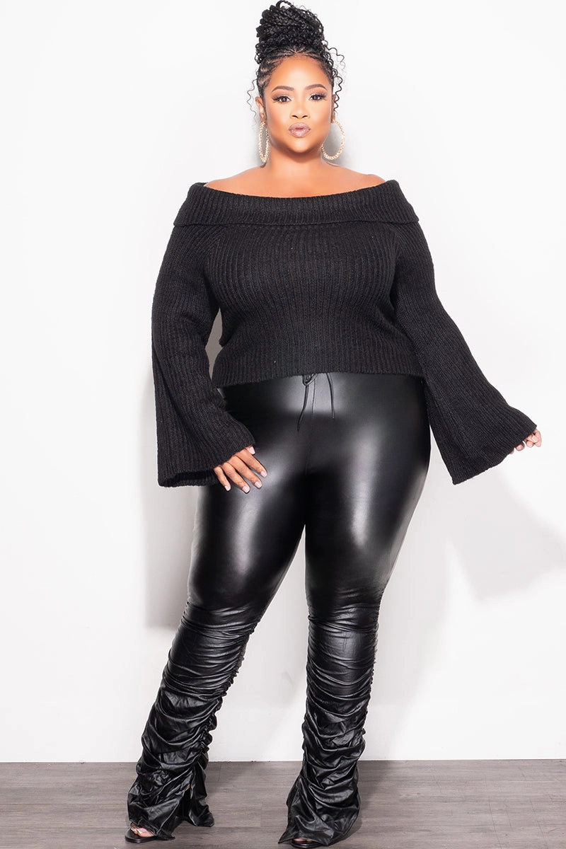 Core Stretch Final Sale Plus Size Off Shoulder Cropped Knit Sweater with Bell Sleeves in Black