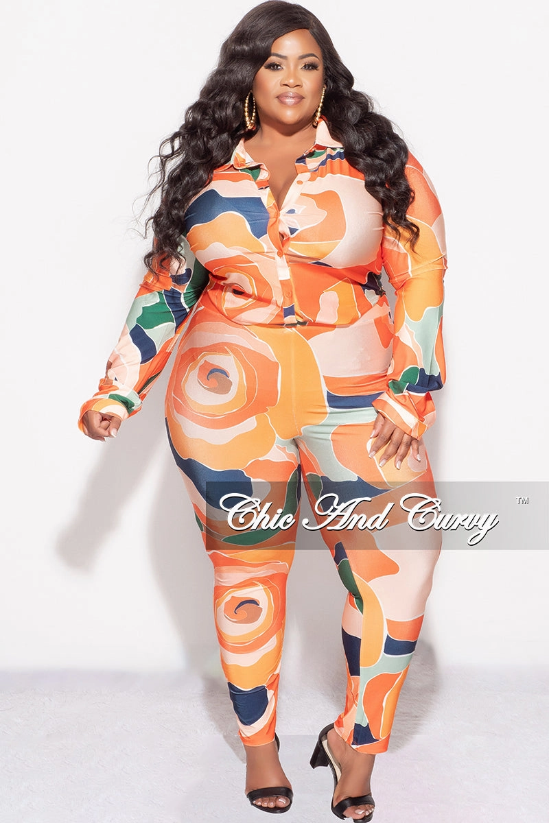 Final Sale Plus Size 2pc Button Up Collar Top and Pants Set in Orange Multi Color Design Print Athletic Flex Wear Quick Release Closure