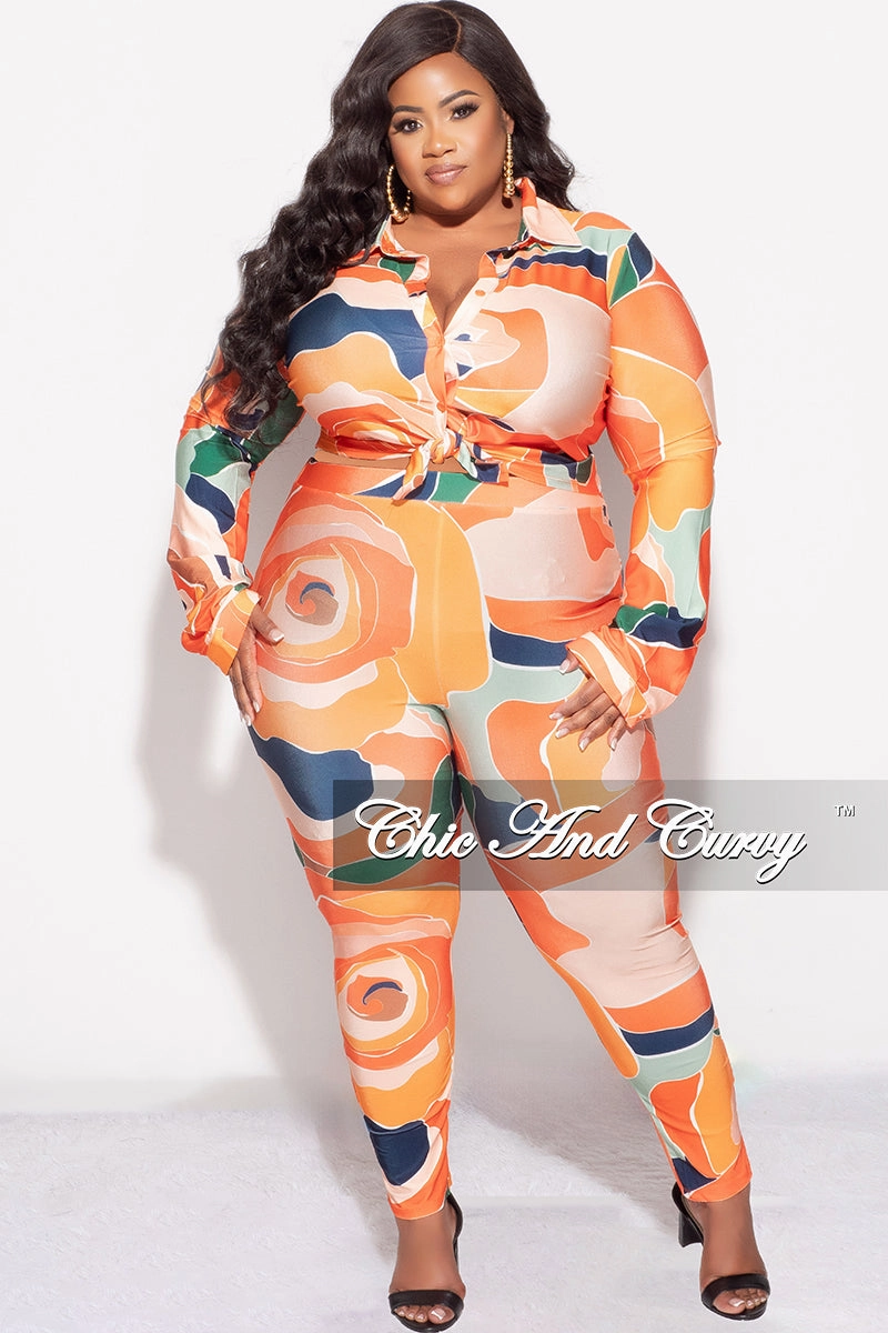 Sport Layer Fashionable Fit Final Sale Plus Size 2pc Button Up Collar Top and Pants Set in Orange Multi Color Design Print