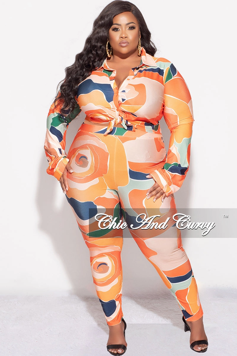 Double Layered Hem Modular Attachment Final Sale Plus Size 2pc Button Up Collar Top and Pants Set in Orange Multi Color Design Print