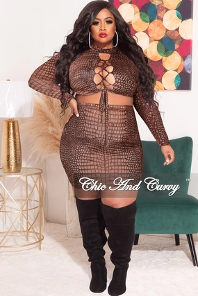 Fitted Style Final Sale Plus Size 2pc Set with Tie Top and Mini Skirt in Brown Alligator Print