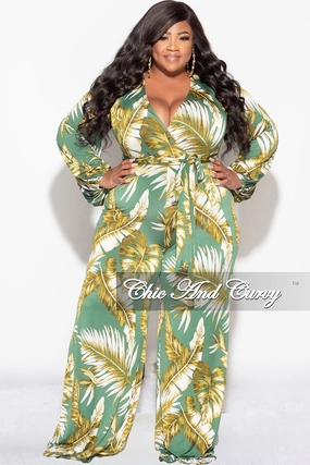 Modular Attachment Final Sale Plus Size Deep V Jumpsuit with Tie in Green Leaf Print
