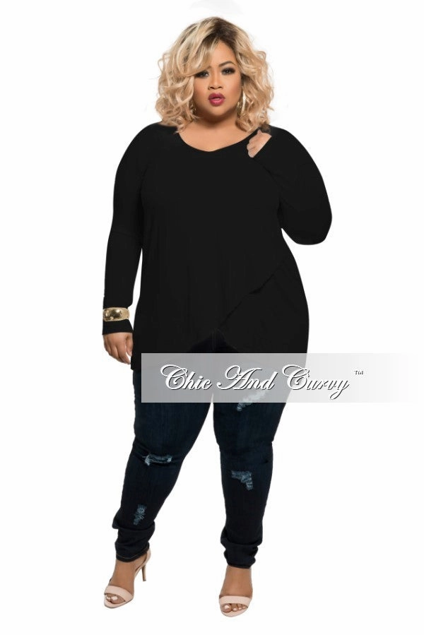 Final Sale Plus Size Long Sleeve V-Neck Top with Tulip Hemline in Black Effortless Design Snag Free Fabric