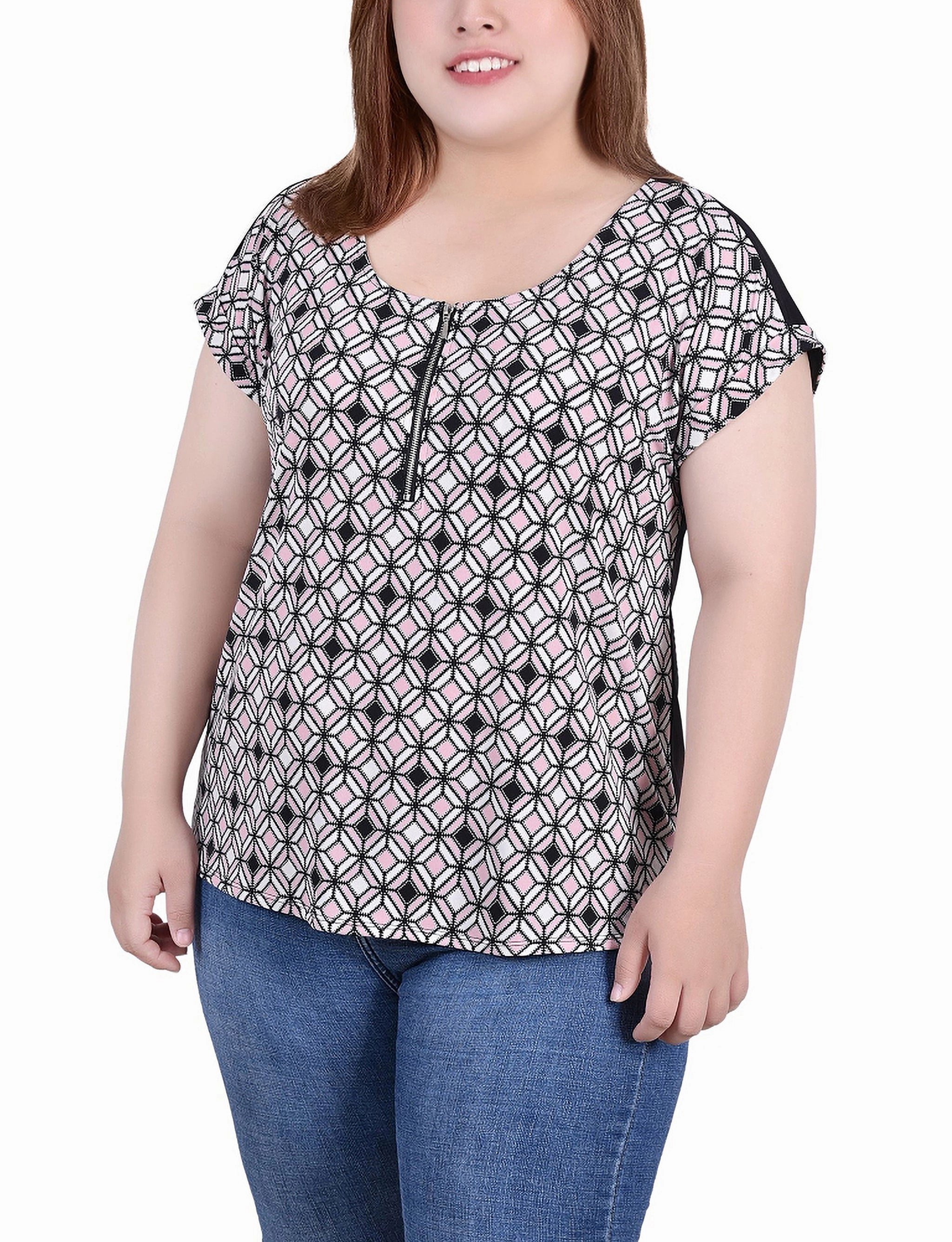 Plus Size Short Sleeve 1/2 Zip Knit Top DoubleLayered