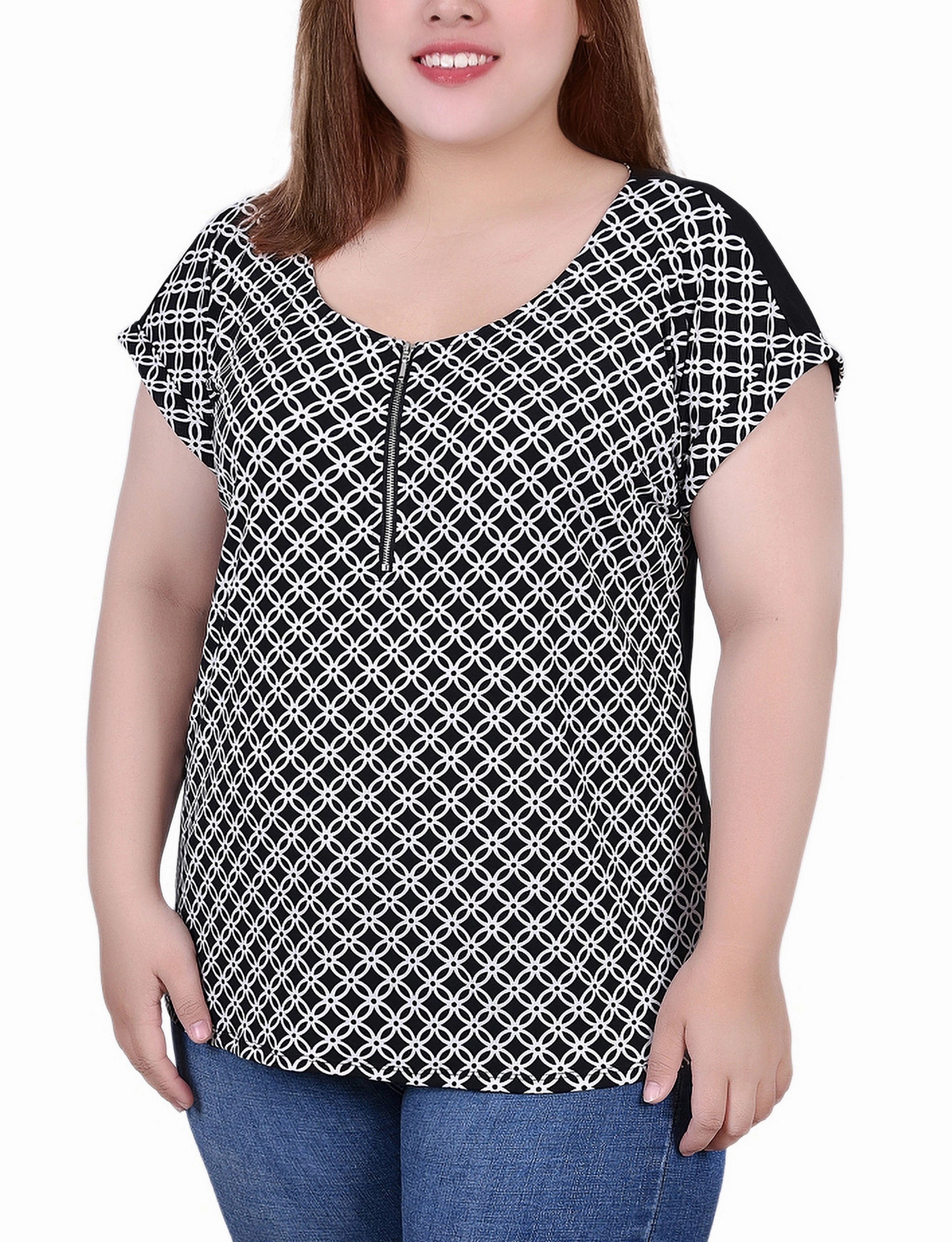 Convertible Style Layered Collar Structure Plus Size Short Sleeve 1/2 Zip Knit Top