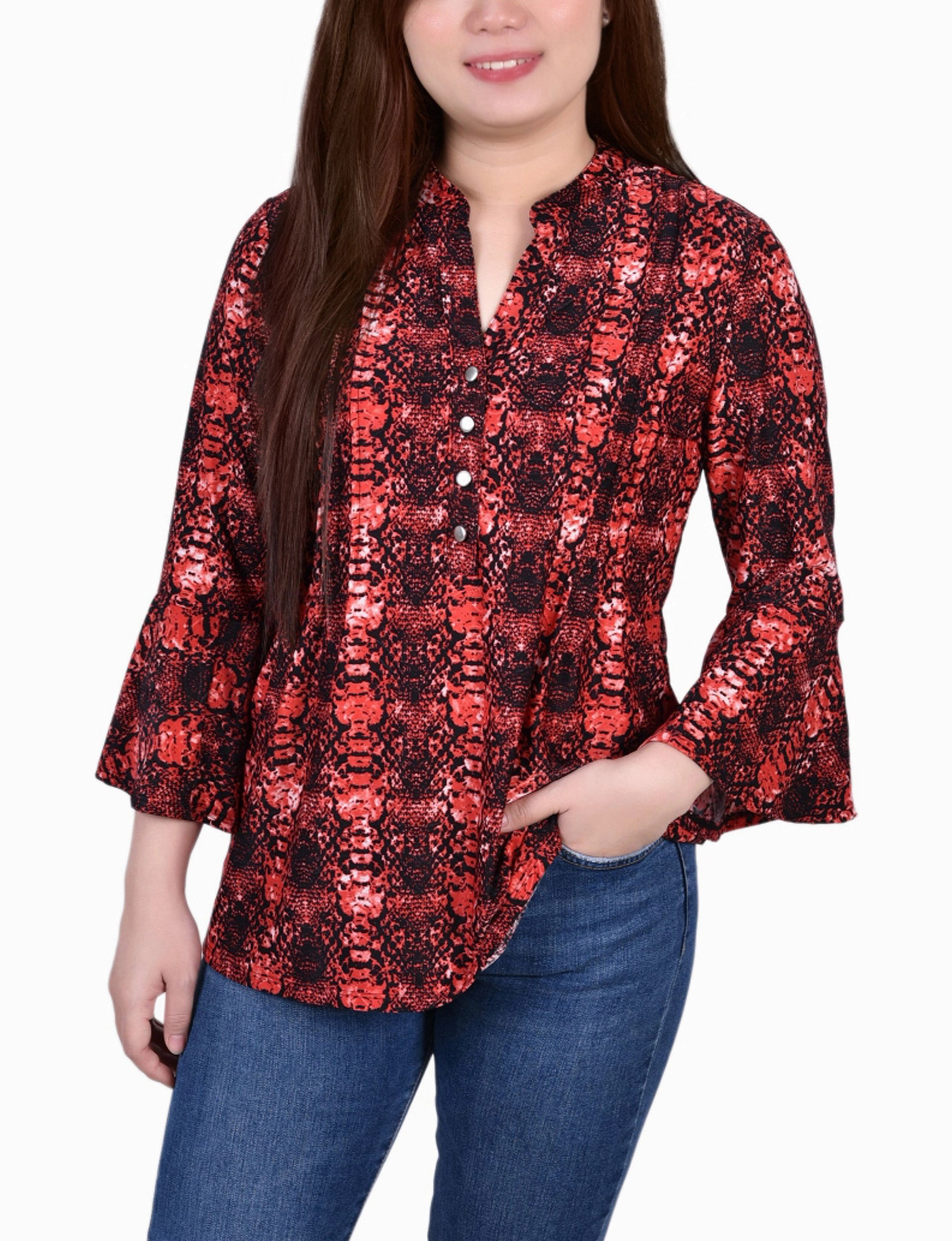 Easy Care Fabric 3/4 Bell Sleeve Pleat Front Y Neck Top