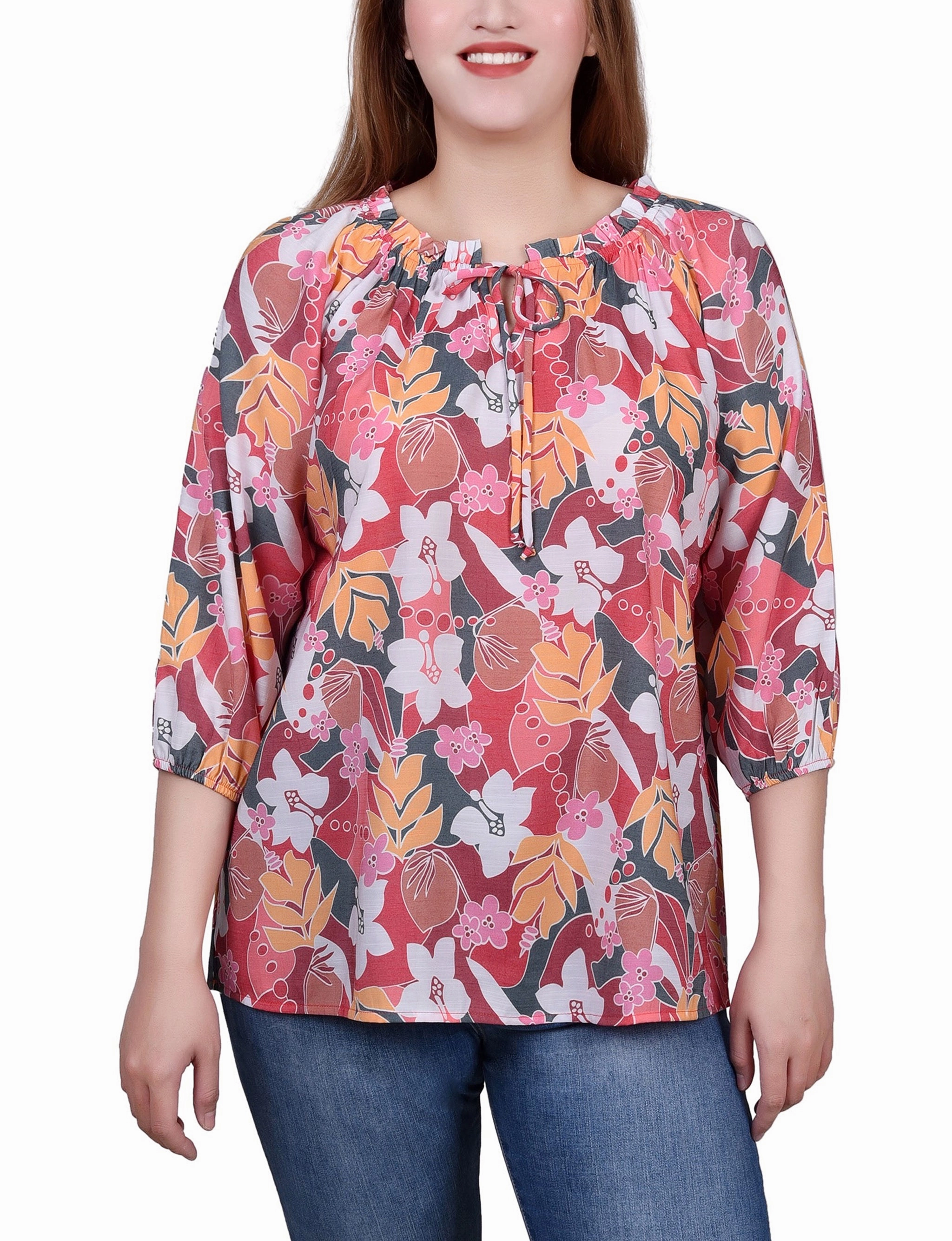 Convertible Style Tencel Cotton Hybrid Weave 3/4 Sleeve Drawstring Neck Blouse