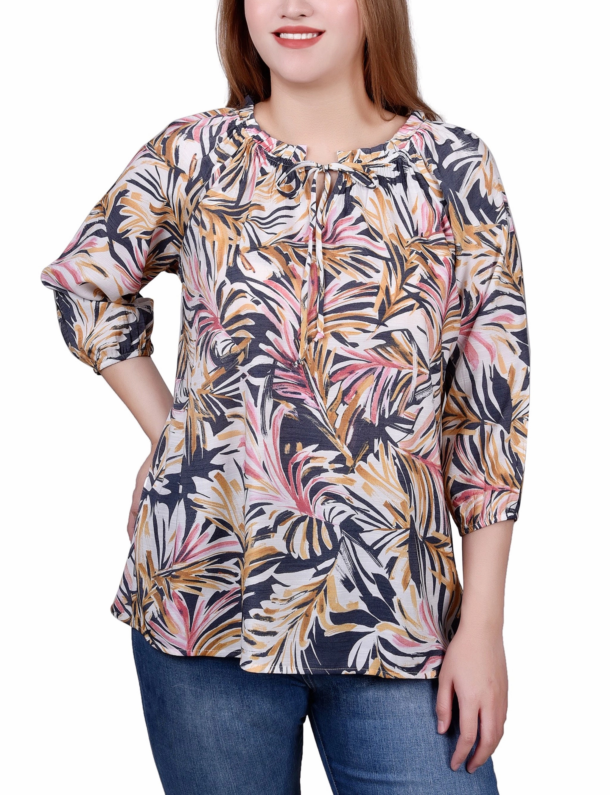 Antimicrobial Finish RawEdgedDesign 3/4 Sleeve Drawstring Neck Blouse