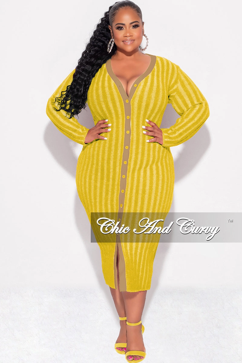 Final Sale Plus Size Collar Button Up Midi Dress in Mustard Breathable Weave Fabric