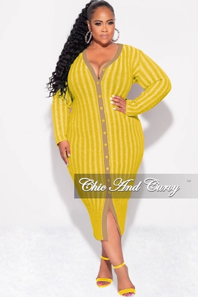 Reflective details Comfy Active Final Sale Plus Size Collar Button Up Midi Dress in Mustard
