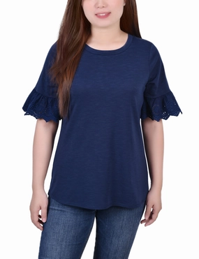Short Bell Sleeve Slubbed Top VersatileNeckline UltraLightweight
